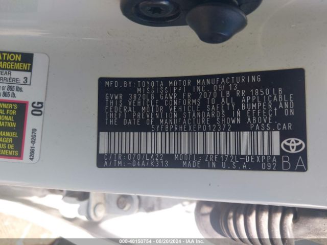 5YFBPRHEXEP012372 Toyota Corolla Le Eco Premium