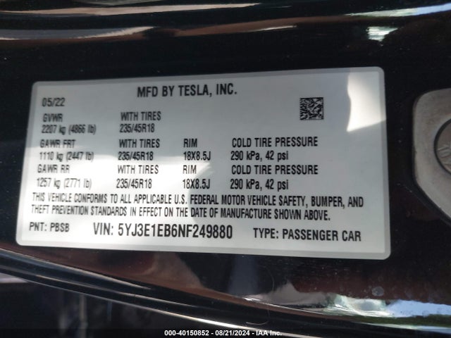 2022 TESLA MODEL 3 5YJ3E1EB6NF249880 Photo 8
