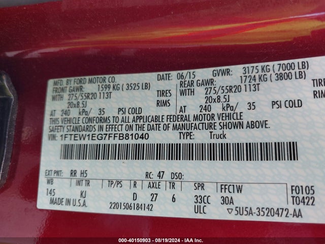 Ford F-150 King Ranch 2015 1FTEW1EG7FFB81040 Image 9