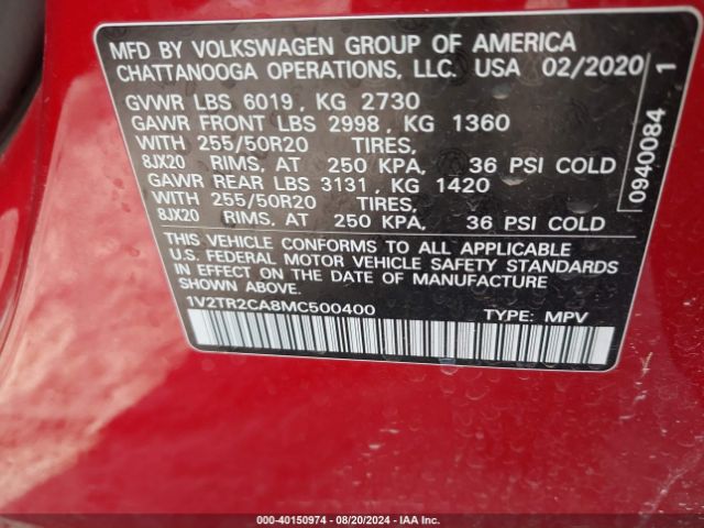 1V2TR2CA8MC500400 Volkswagen Atlas 3.6l V6 Sel Premium