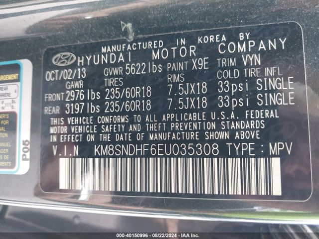 KM8SNDHF6EU035308 Hyundai Santa Fe Limited