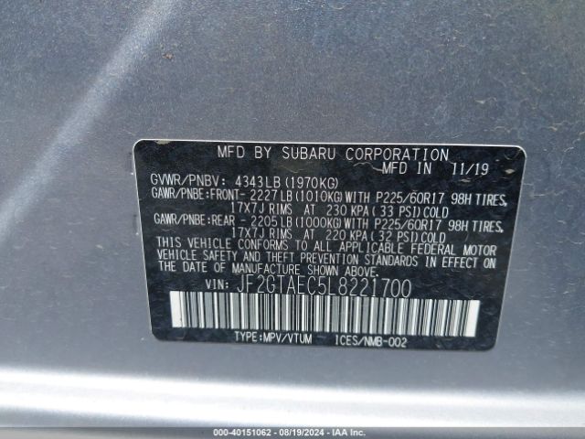 JF2GTAEC5L8221700 Subaru Crosstrek Premium