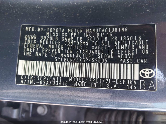 Toyota COROLLA L 2016 5YFBURHEXGP452605 Image 9