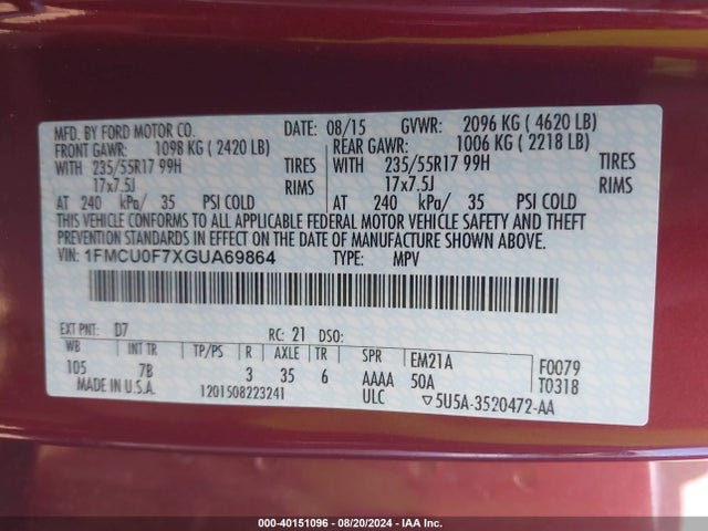 Ford ESCAPE S 2016 1FMCU0F7XGUA69864 Image 9