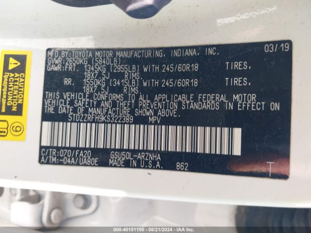 5TDZZRFH9KS322389 Toyota Highlander Le Plus