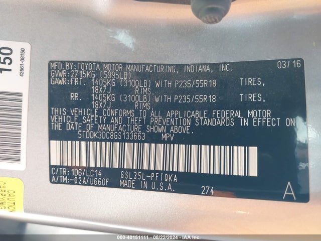 Toyota Sienna Xle 7 Passenger 2016 5TDDK3DC8GS133663 Image 9