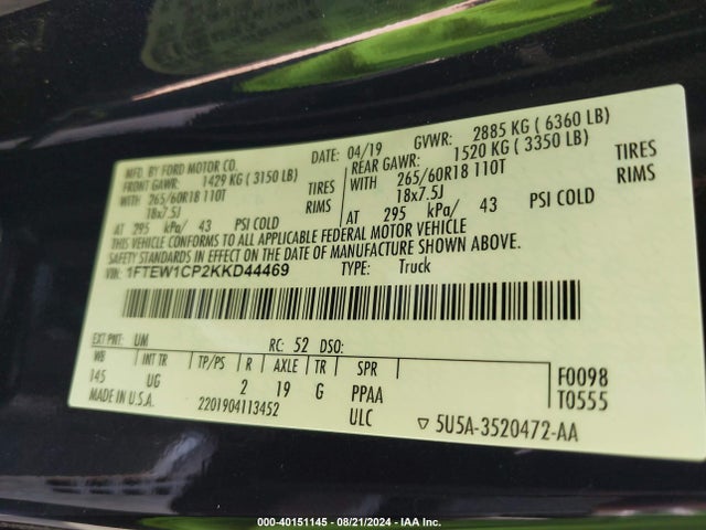 Ford F-150 Xlt 2019 1FTEW1CP2KKD44469 Image 9