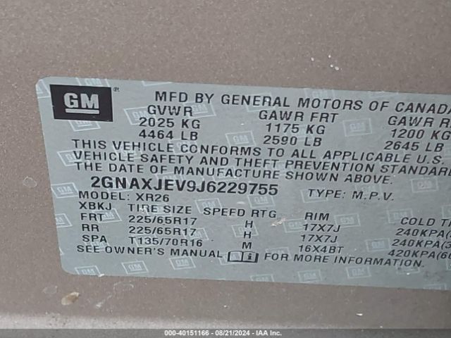 2GNAXJEV9J6229755 Chevrolet EQUINOX LT