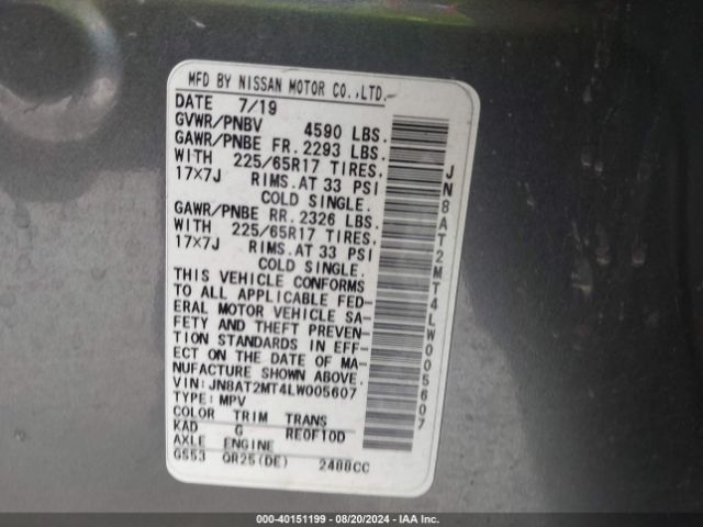 JN8AT2MT4LW005607 Nissan Rogue S Fwd