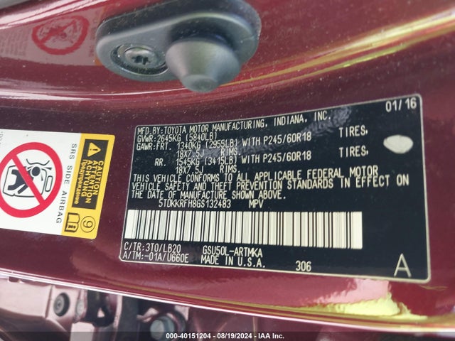 Toyota Highlander Xle V6 2016 5TDKKRFH8GS132483 Image 9