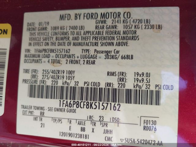 1FA6P8CF8K5157162 Ford MUSTANG GT