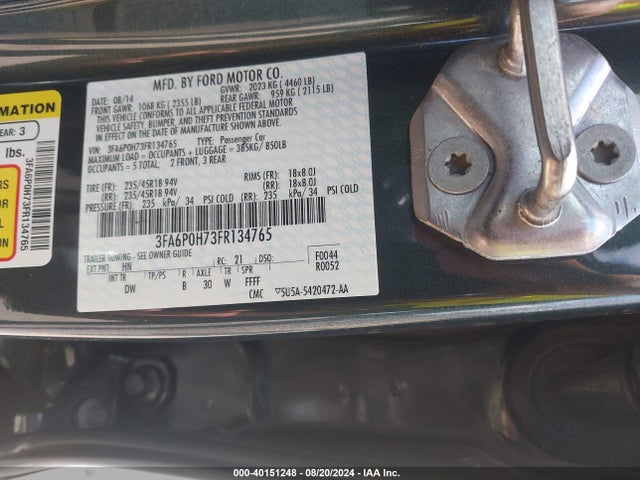 Ford FUSION SE 2015 3FA6P0H73FR134765 Image 9