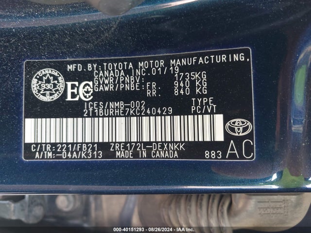 Toyota COROLLA LE 2019 2T1BURHE7KC240429 Image 9