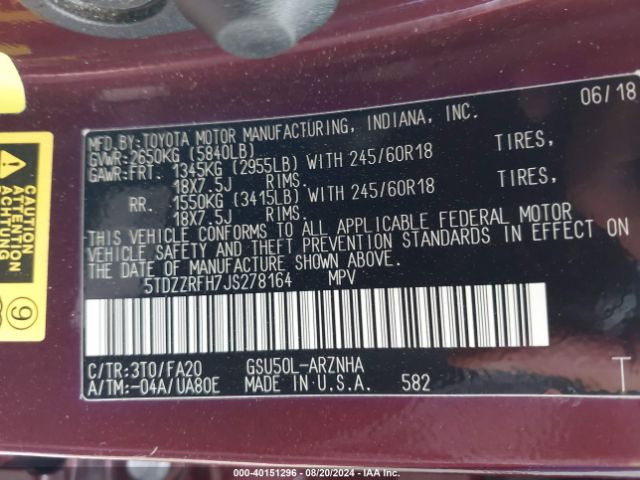 5TDZZRFH7JS278164 Toyota Highlander Le Plus
