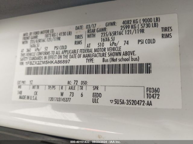 1FBZX2ZM5HKA86897 Ford Transit-350 Xlt
