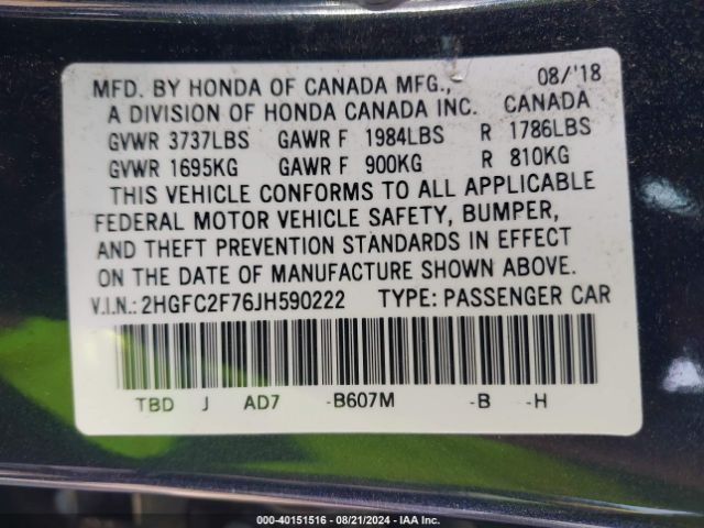 2HGFC2F76JH590222 Honda CIVIC EX
