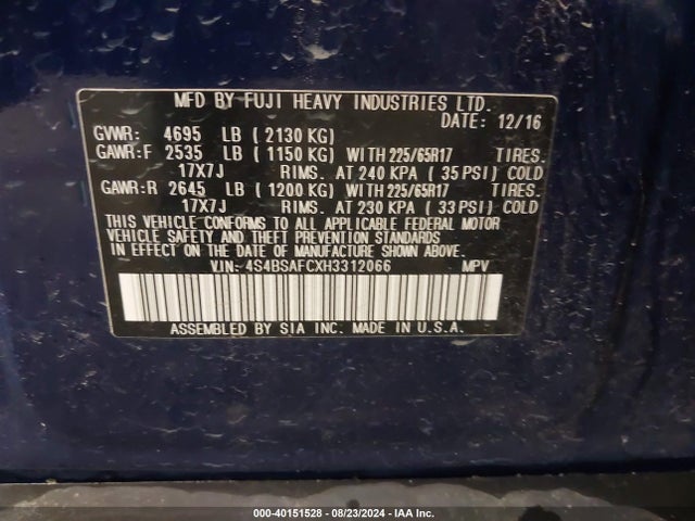 Subaru Outback 2.5i Premium 2017 4S4BSAFCXH3312066 Image 9