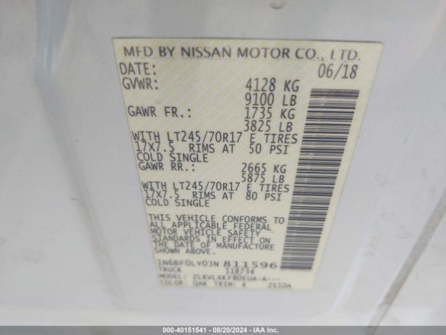1N6BF0LY0JN811596 Nissan Nv Cargo Nv2500 Hd Sv V6