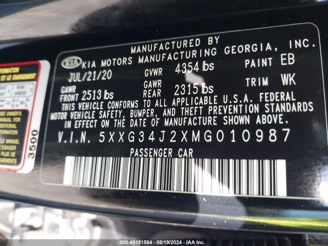 KIA K5 EX 2021 5XXG34J2XMG010987 Image 9