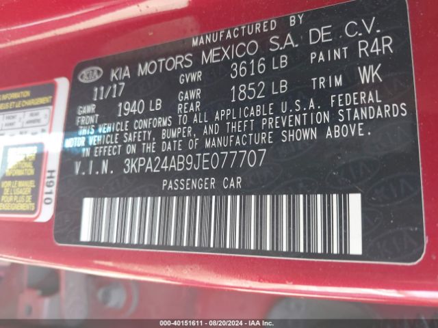 3KPA24AB9JE077707 KIA RIO S