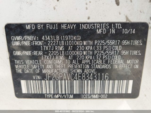 JF2GPAVC4E8343116 Subaru Xv Crosstrek 2.0i Premium