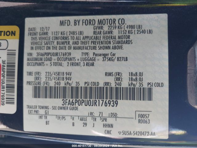 3FA6P0PU0JR176939 Ford Fusion Energi Se Luxury