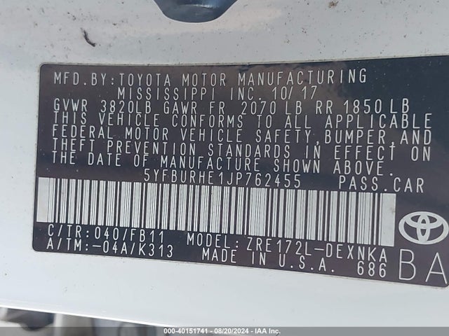 Toyota COROLLA LE 2018 5YFBURHE1JP762455 Image 9