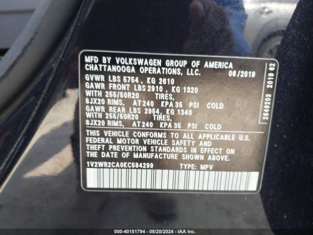 1V2WR2CA0KC584299 Volkswagen Atlas 3.6l V6 Se W/technology