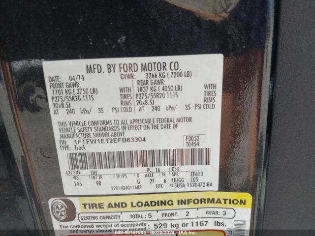 1FTFW1ET2EFB63304 Ford F-150 Platinum