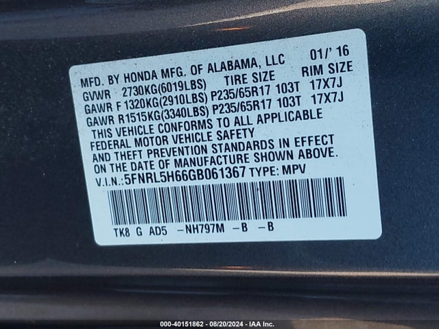 Honda Odyssey Ex-l 2016 5FNRL5H66GB061367 Image 9