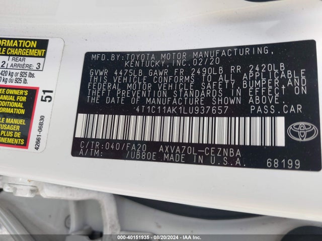 Toyota CAMRY LE 2020 4T1C11AK1LU937657 Image 9