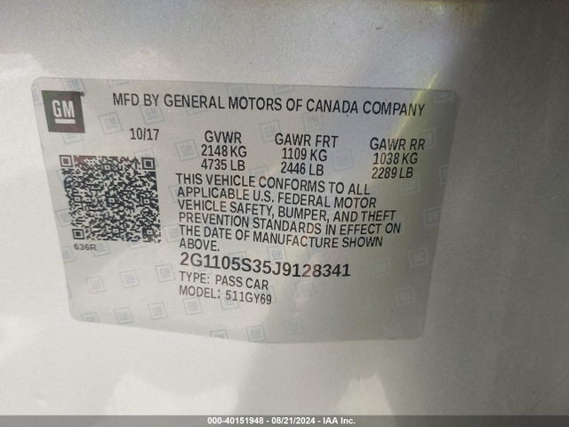 Chevrolet IMPALA 1LT 2018 2G1105S35J9128341 Image 9