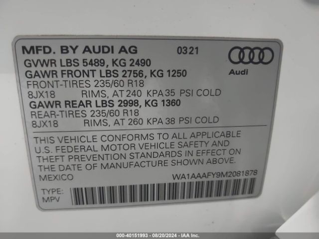 WA1AAAFY9M2081878 Audi Q5 Premium 45 Tfsi Quattro S Tronic
