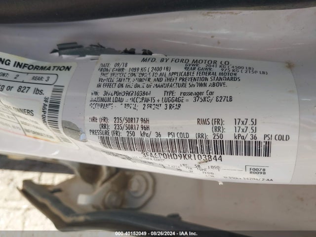 Ford FUSION SE 2019 3FA6P0HD9KR103844 Image 9