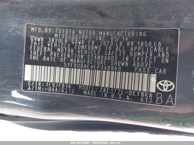 Toyota COROLLA LE 2014 5YFBURHE4EP140969 Image 9