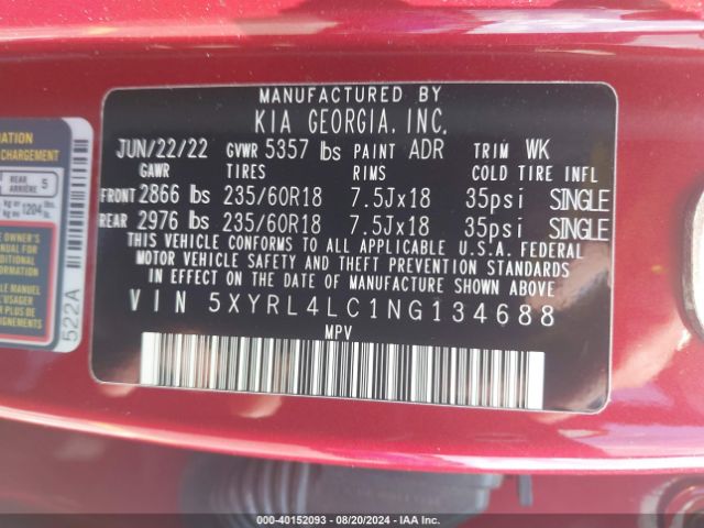 5XYRL4LC1NG134688 KIA SORENTO S