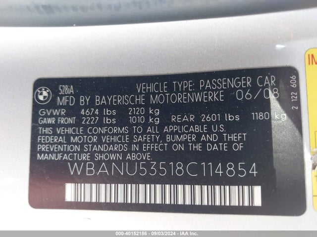 Продаж на аукціоні авто 2008 Bmw 528i, vin: WBANU53518C114854, номер лоту: 40152186