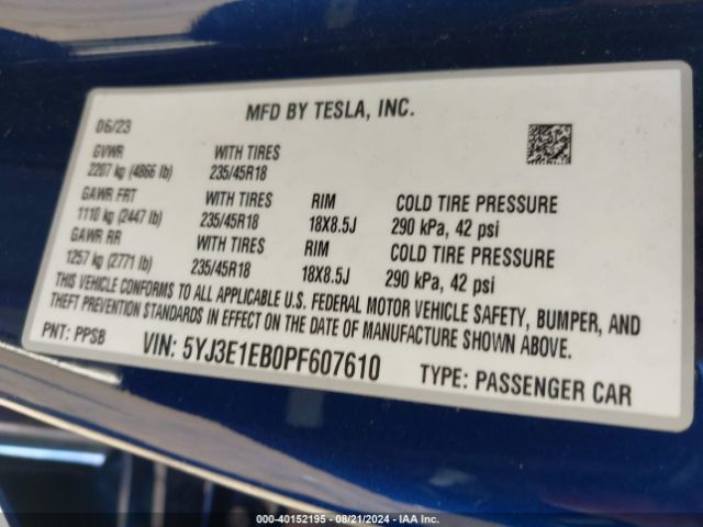 5YJ3E1EB0PF607610 Tesla Model 3 Long Range Dual Motor All-wheel Drive
