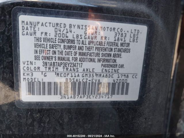 3N1AB7AP3EY234717 Nissan Sentra Fe+ S/fe+ Sv/s/sl/sr/sv