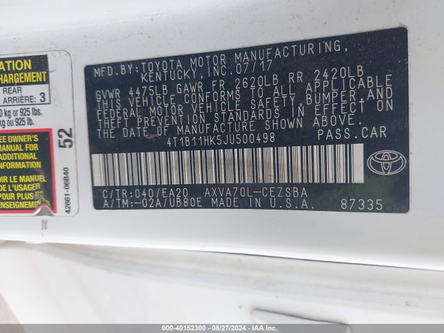4T1B11HK5JU500498 Toyota CAMRY SE