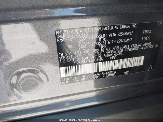 Toyota RAV4 LE 2019 2T3K1RFV5KW004492 Image 9
