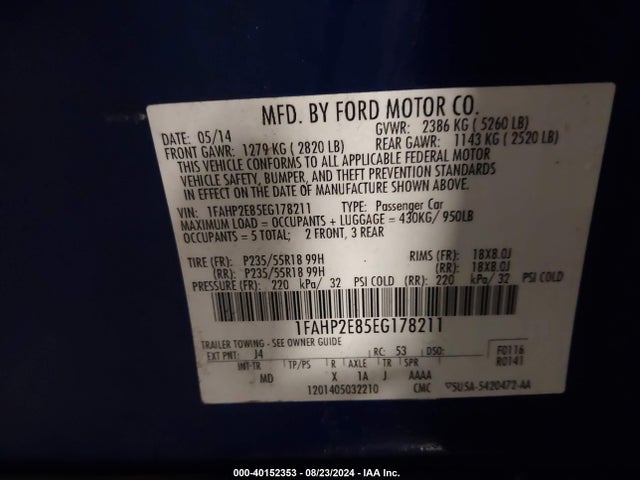 Ford TAURUS SEL 2014 1FAHP2E85EG178211 Image 9