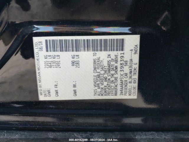 1N4AA6AP3JC398391 Nissan Maxima 3.5 Platinum