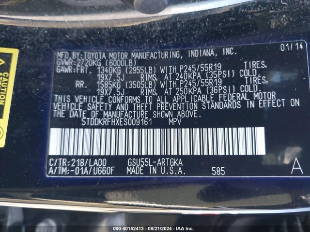 5TDDKRFHXES009161 Toyota Highlander Limited V6