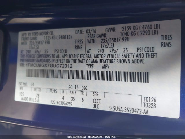 Ford ESCAPE SE 2016 1FMCU9GX7GUC72312 Image 9