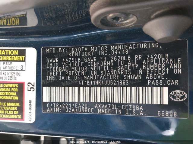Toyota CAMRY SE 2018 4T1B11HK4JU621863 Image 9