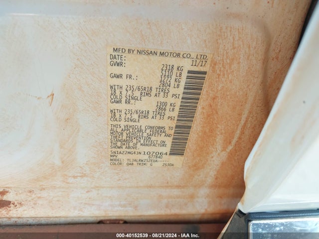 Nissan MURANO SL 2018 5N1AZ2MG4JN107064 Image 9