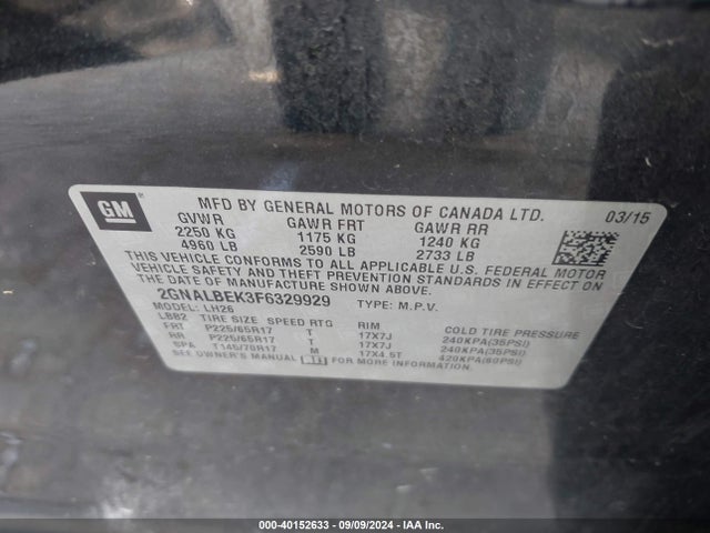 Chevrolet EQUINOX 1LT 2015 2GNALBEK3F6329929 Image 9