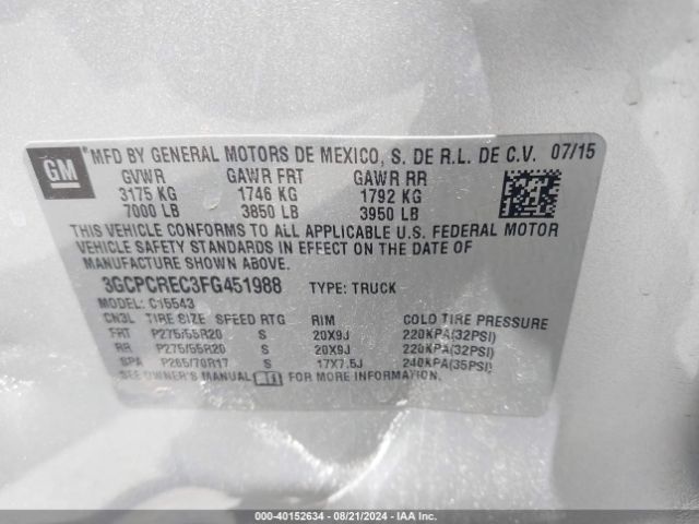 3GCPCREC3FG451988 Chevrolet Silverado 1500 1lt