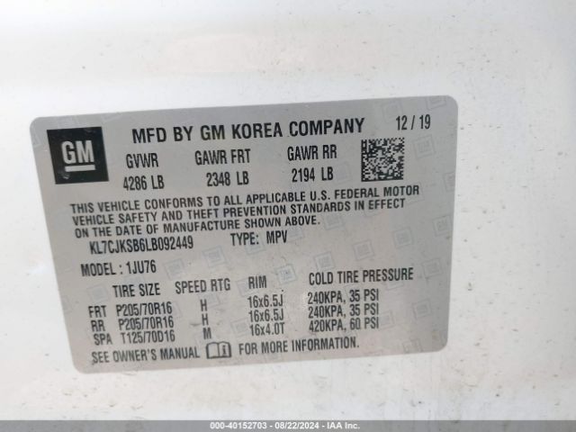 KL7CJKSB6LB092449 Chevrolet Trax Fwd Ls